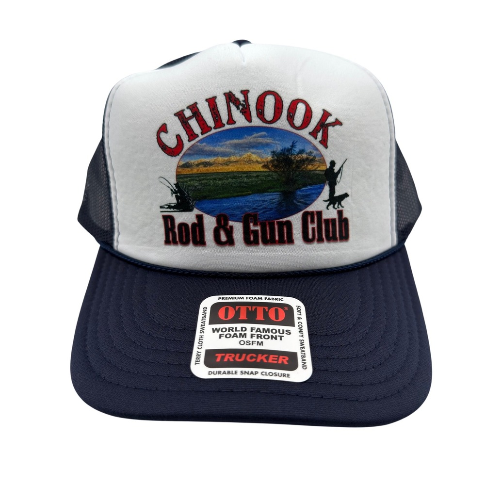 Otto Chinook Rod & Gun Club Trucker Hat Navy Blue White Foam Mesh Snapback Cap